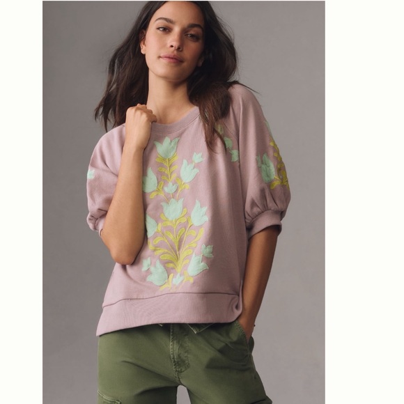 NWT Anthropologie Short-Sleeve Appliqué Sweatshirt XL - Picture 3 of 11